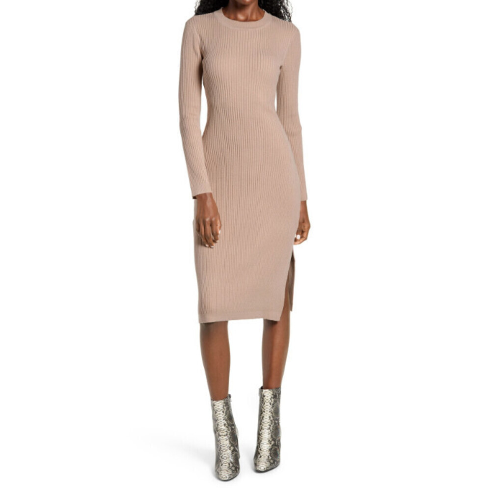 All In Favor Women's Ribbed Long Sleeve Midi Dress In Tan Size L